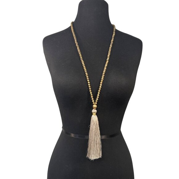 Taupe Colored Long Beaded Tassel Necklace Adjustable - Picture 1 of 5